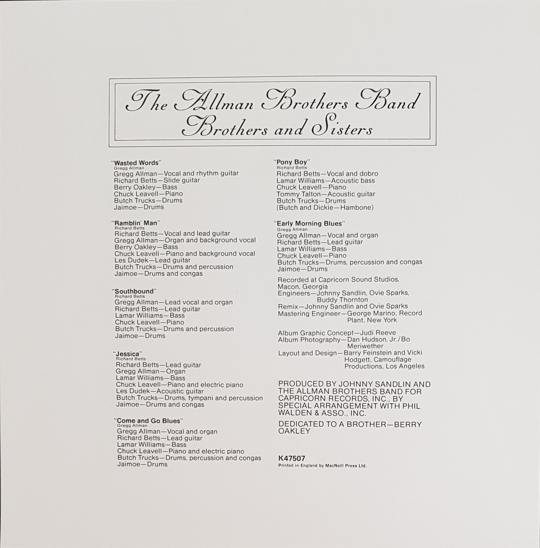 Allman Brothers' Classic Album - Brothers And Sisters, 1973 Release