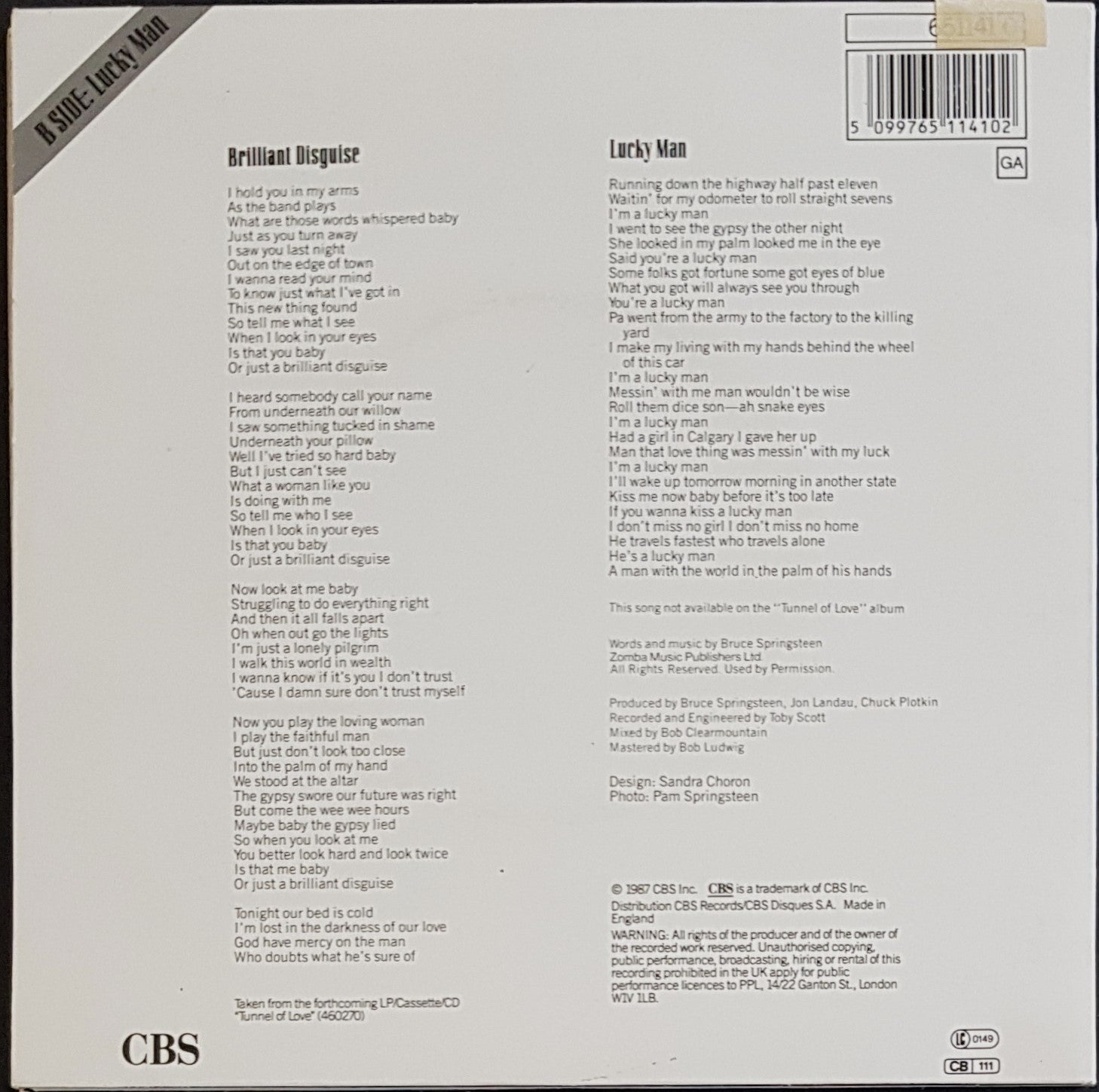 Bruce Springsteen's Brilliant Disguise Vinyl Record from 1987