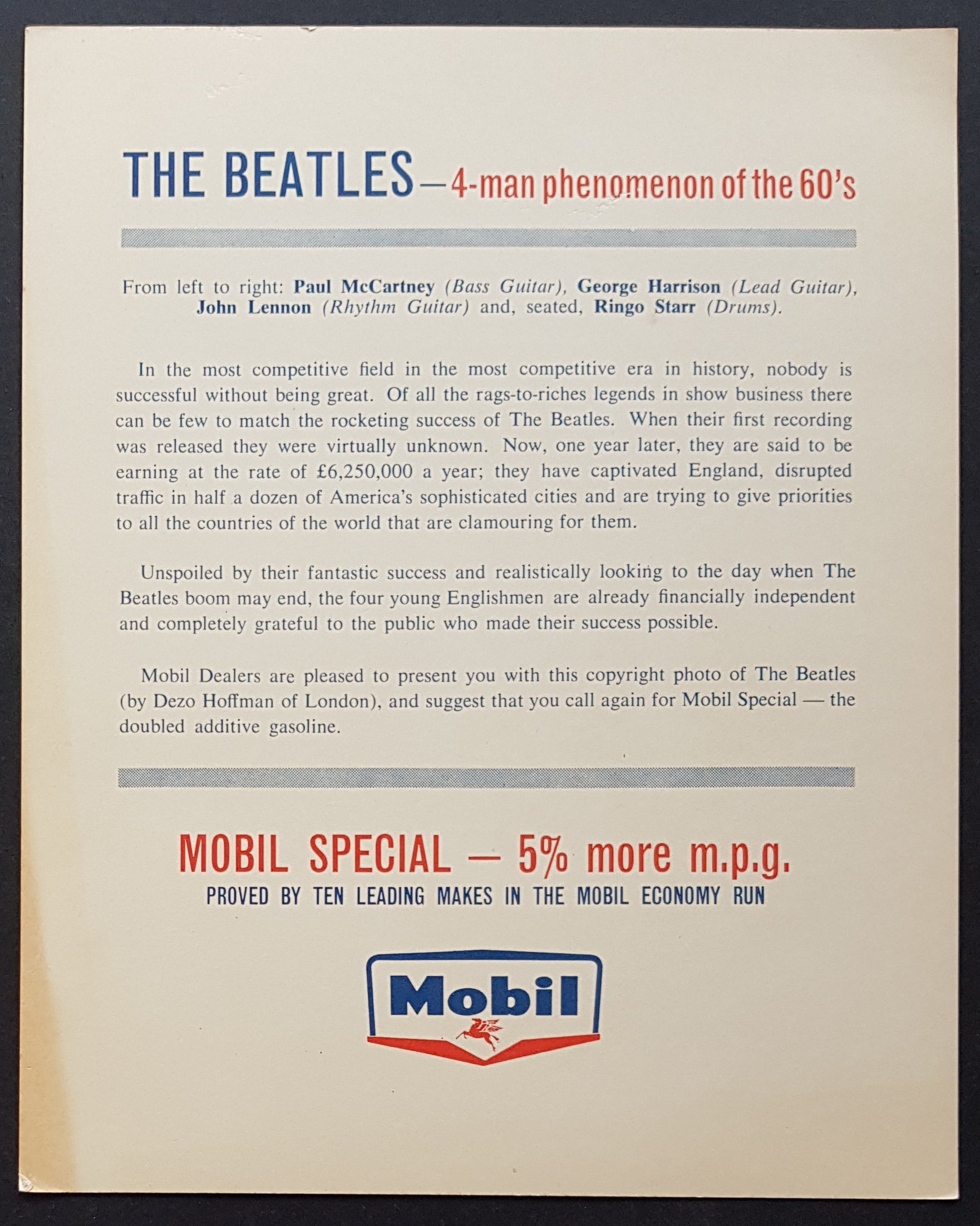 Vintage 1960s Beatles Color Mobil Collectible Card with Xeroxed Autographs