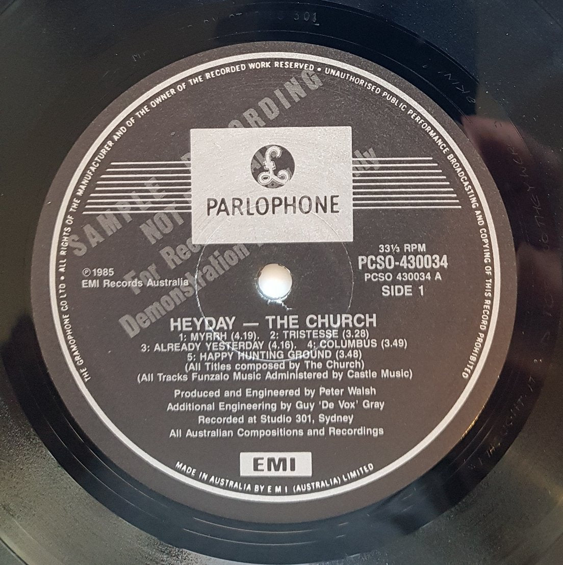 Church - Heyday - Promo Sample Over - print Labels (1985 Parlophone PCSO.430034)
