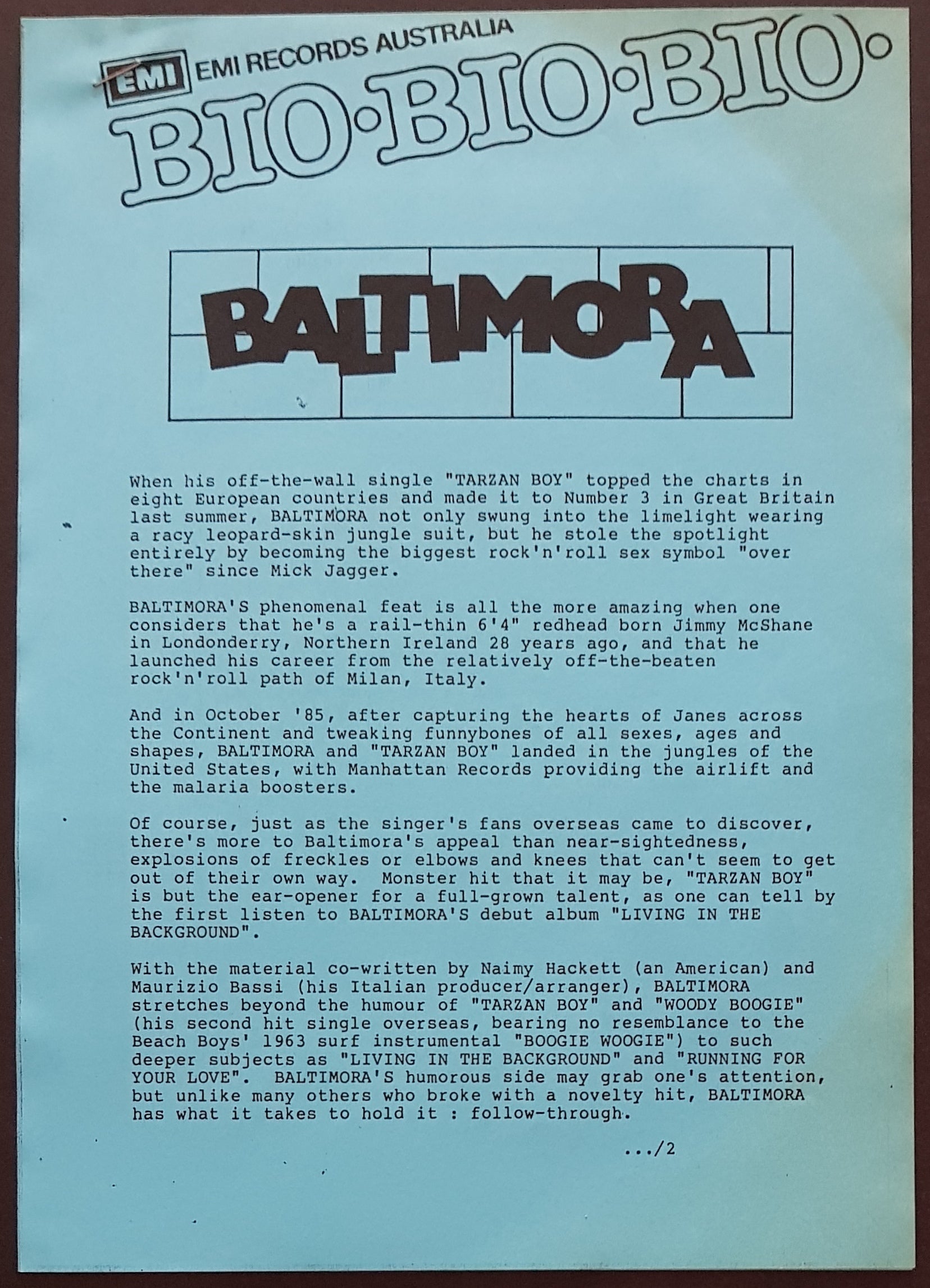 Baltimora - Living In The Background - Music Sample Record